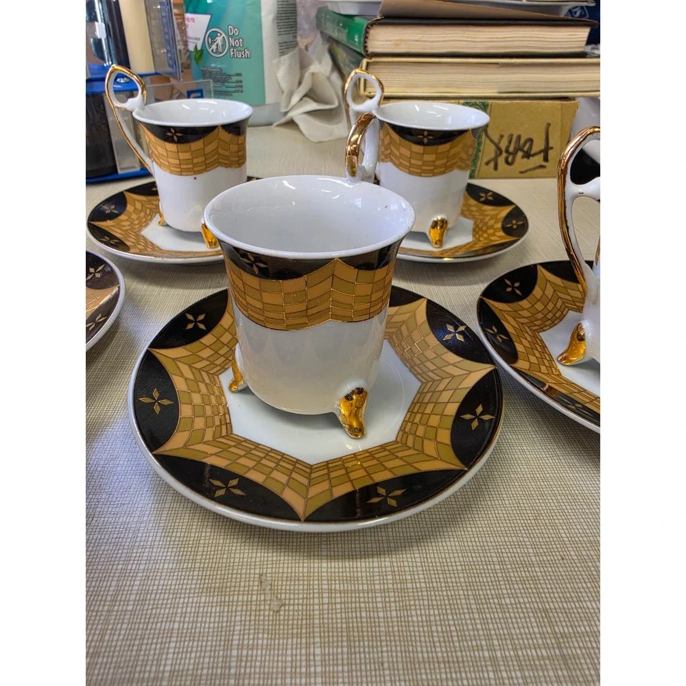 Vintage Art Deco Footed Demitasse Espresso Cup and Saucer Set Black Gold 5pc